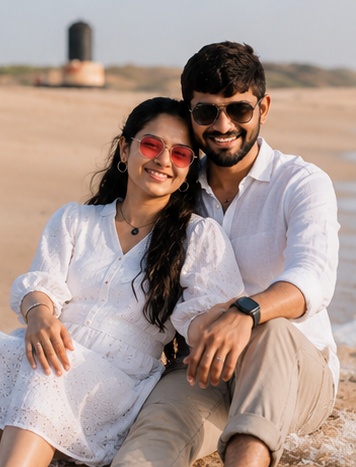 Seated together on the sand, smiling