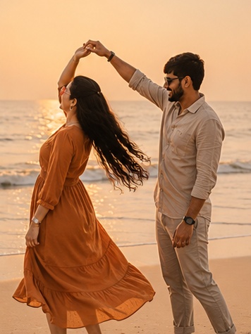 Dancing together on the beach at sunset