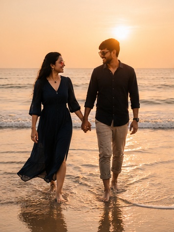 Aelish and Darshana walking hand in hand at sunset