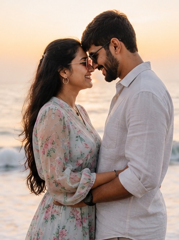 Forehead to forehead by the sea at golden hour